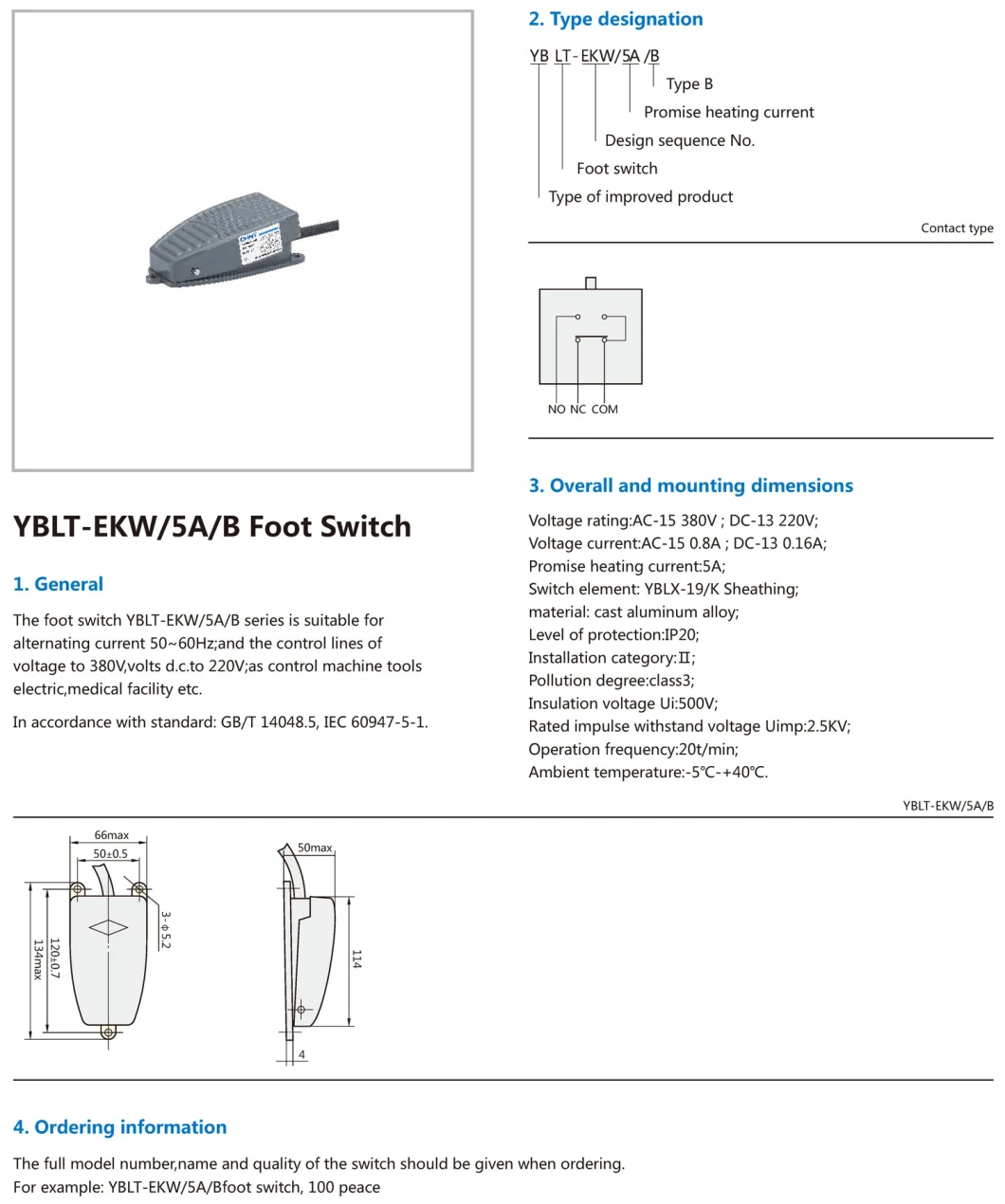 Chint Original Yblt-Ekw/5A/B 110V 220V 230V 240V 380V AC 12V 24V 48V 74V 100V DC Chnt Cast Aluminum Alloy Foot Switch