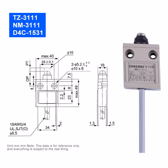 Finecorsa serie Tz-3102, nucleo interno UR, rullo superiore parallelo, acciaio inossidabile, lunghezza personalizzata